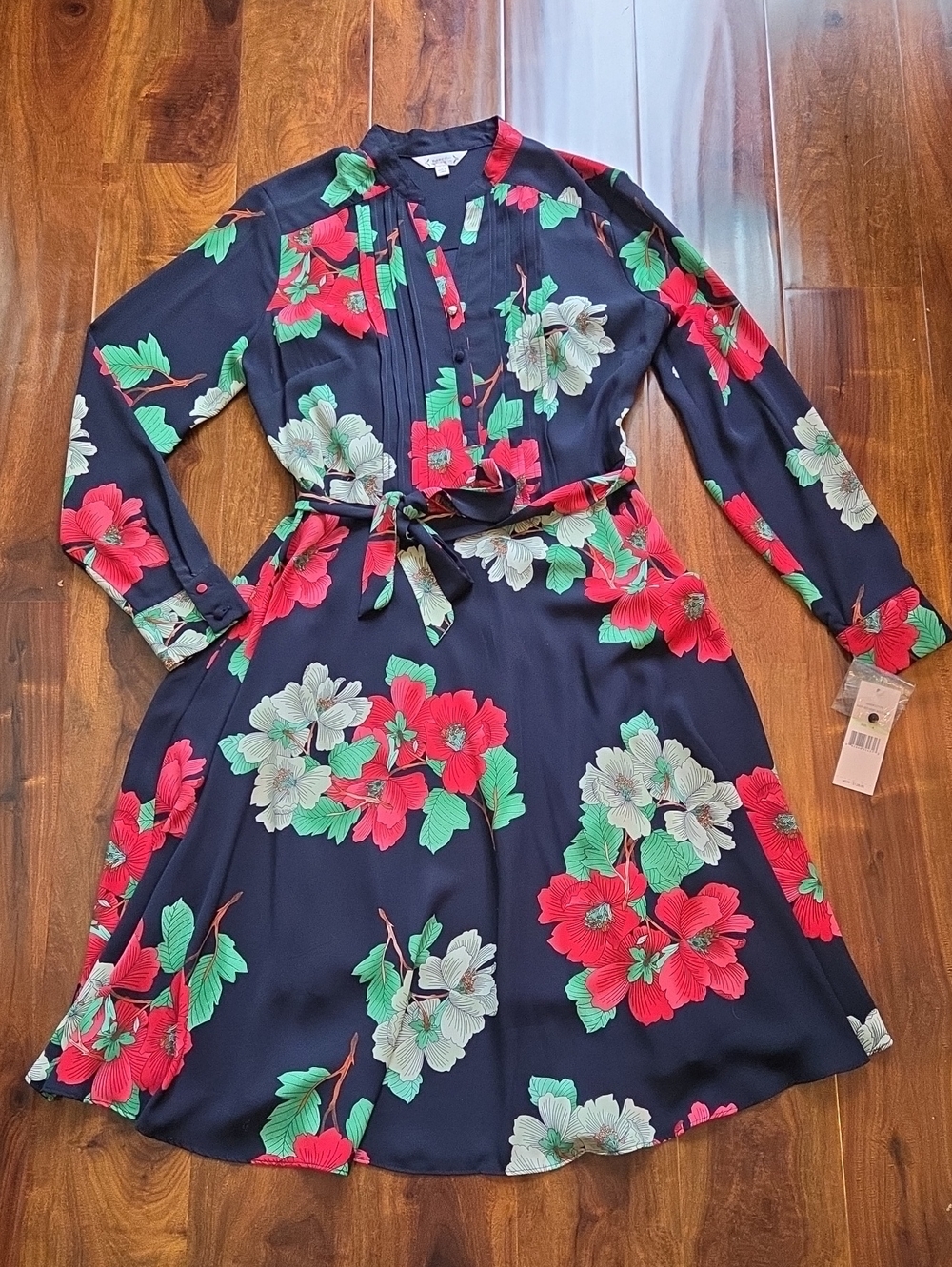 Nanette Lepore Navy With Red And White Floral Print Long Sleeve Dress